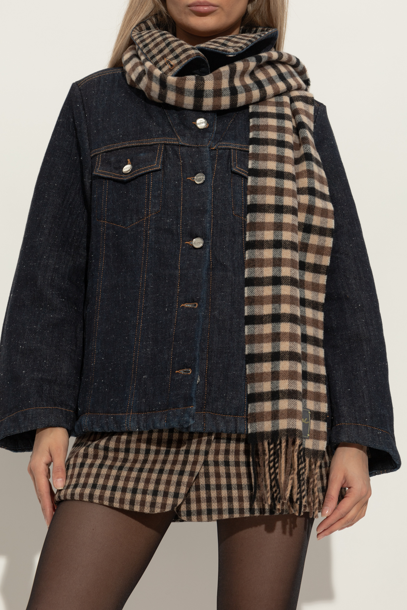 Beige Scarf with a check pattern Ganni - Vitkac AS
